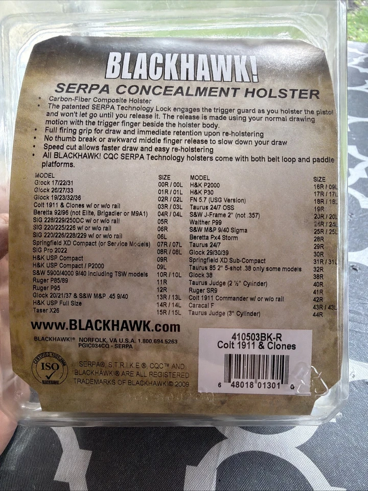 Funda Blackhawk CQC Serpa se adapta a Colt 1911 y clones con / WO riel paleta derecha Foto 3 de 4