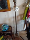 Antique Brass Art Deco Torchiere Floor Lamp Hand Painted Floral Milk Glass