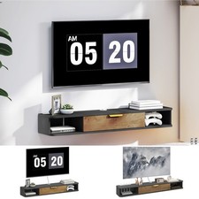 Floating TV Stand with Open Compartments and Flip Door, Charcoal Grey