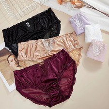 High Waist Satin Panties Lace Trim Women Breathable Soft Stretch Comfort Fit