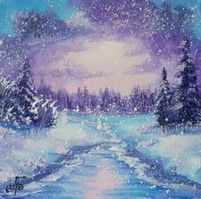 Original Winter Lake Snowfall Oil Painting Blue Purple Evening Landscape Art