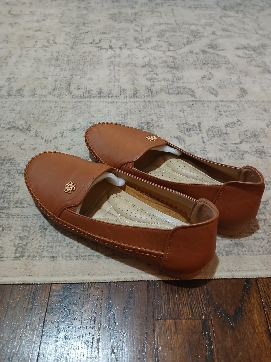 womens casual dress shoes with arch support Leather Orthopedic Slip-on Loafers for Women Color:Fleur Nocturne Female uniform changes: Uniformity, Catalog Group: Clothing a slingback dress shoe Flat feet