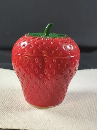 Hazel Atlas Strawberry Jam Jelly Jar Sugar Bowl w Lid Vintage Painted Milk Glass