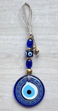 Turkish Style Nazar Evil Eye Glass Wall Hanging Blue Gold Beaded Talisman 9  