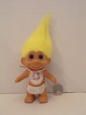 Russ Troll Doll 4" Vintage Baby With Bib  Diaper Yellow Hair Blue Eyes