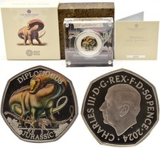 Coin Silver Proof 2024 Coloured DIPLODOCUS Dinosaur Tales Earth 50p BOX + COA