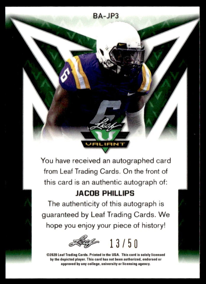 2020 Leaf Valiant #BA-JP3 Jacob Phillips Auto Orange /50 LSU Tigers - Image 2 of 2