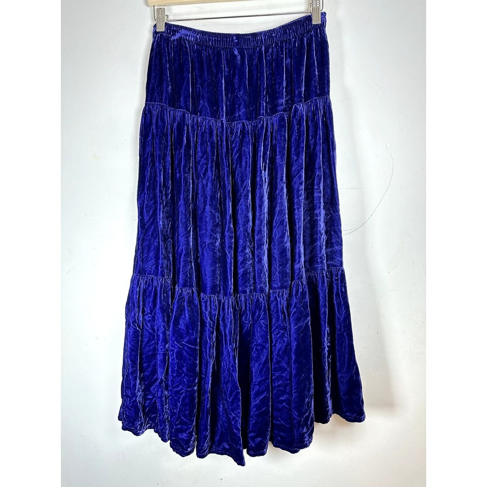VINTAGE TISHA Purple Royal blue velvet tiered flowy maxi skirt womans M