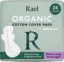 Rael Extra Long Overnight Organic Cotton Cover Pads with Wings (24 Count)