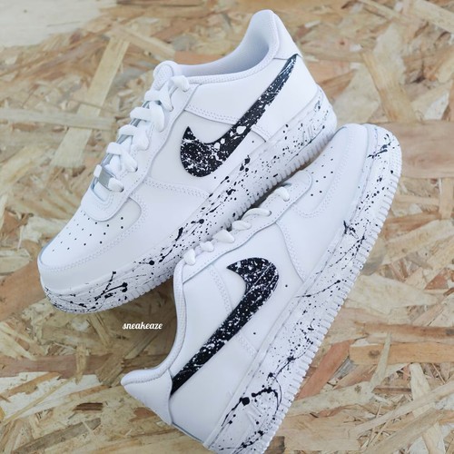 Nike Air Force 1 Custom Double Paint Splatter White Black Shoes Mens ...