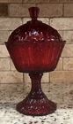 Vintage Embossed Daisies Fenton Red/Amberina Pedestal Covered Compote
