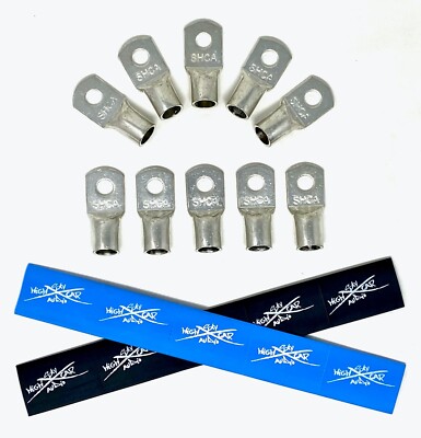 10 1/0 Gauge TINNED Copper Ring Terminals 3/8'' BLUE/BK Heat Shrink Tubing LUG