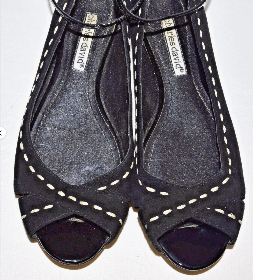 ZAPATOS PLANOS CHARLES DAVID 6 M GAMUZA NEGRA PEEP TOE CORREA AL TOBILLO COMODIDAD PARA CAMINAR Foto 3 de 4