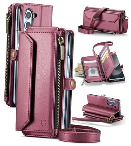 Funda Cartera Bandolera Compatible con Samsung Galaxy Z Plegable 6 Rojo Vino