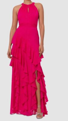 Xscape Women Pink Chiffon Ruffled Halter Gown Petite Size 10P