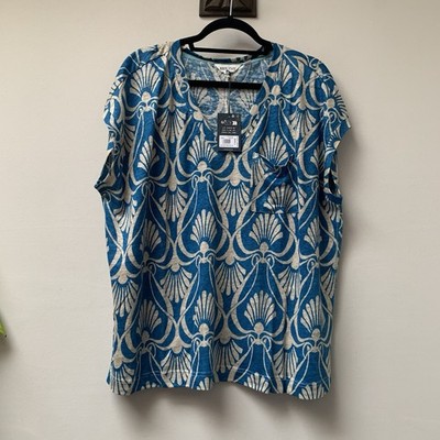 White Stuff 100% Linen Knit Iris Tee T-Shirt 20 Blue Pattern V Neck RRP £45