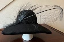Vtg Wide Brim Black Felt Hat w/Velvet Trim and Feather, ADOLFO II, Geo. Bollman