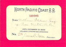 1896 NORTH PACIFIC COAST _ LOW # 28 _ STETSON TO STETSON RAILWAY RAILROAD PASS