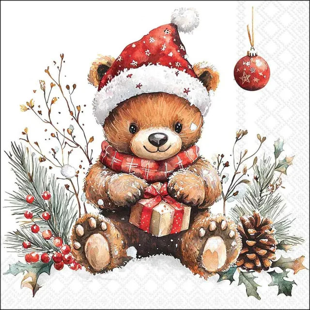 4 x COCKTAIL Napkins/25cm/3Ply/Decoupage/Christmas/Teddy with Gift