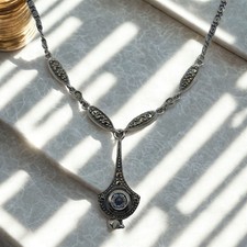 Edles Jugendstil Collier 925 Silber Aquamarin Markasit handgefertigt
