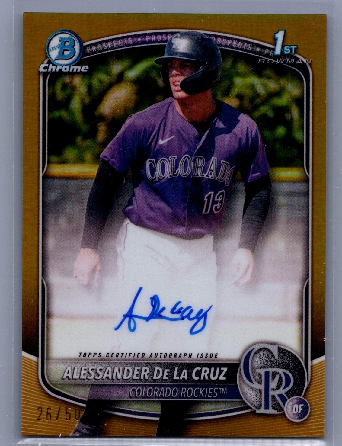 2025 Bowman Chrome Alessander De La Cruz 1st Gold Refractor Auto 26/50 Rockies