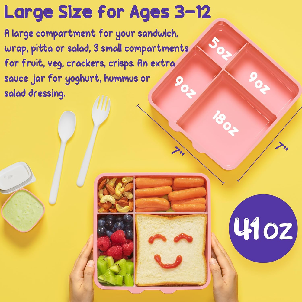 Leak Proof 4-Compartment Bento Lunch Box for Kids BPA Free