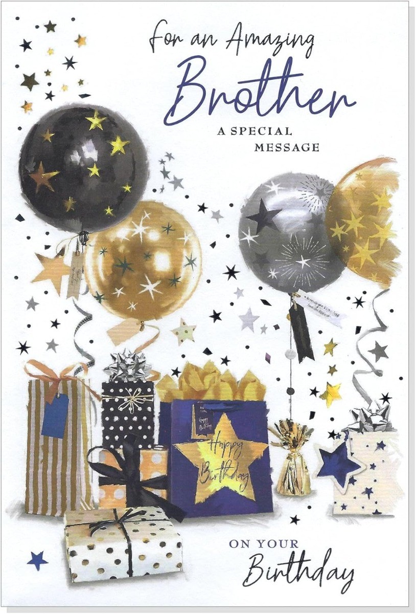 Brother Birthday Card. Balloons and Presents. 23x15cm