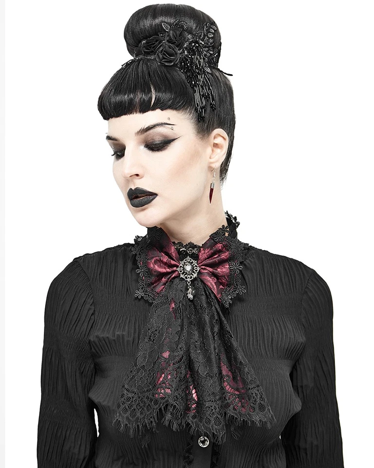 Devil Fashion Gothic Bow Cravat Jabot Tie Red Jacquard Black Lace Steampunk - Image 3 of 4