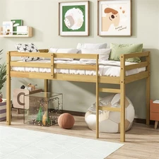 Twin Size Wooden Low Loft Bed Bed Frame with Ladder Space-Saving,Natural 