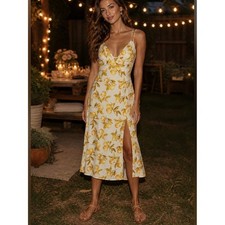Urban Outfitters Lemon Print Midi Dress Medium Yellow Fruit Linen Blend Slit