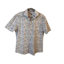 Johnnie O Mens Large Short Sleeve Button up Shirt White Multi Color Beach Print