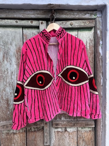 Evil Eye Pink Velvet Suzani Embroidered Jacket, Handmade Suzani Indian Jacket