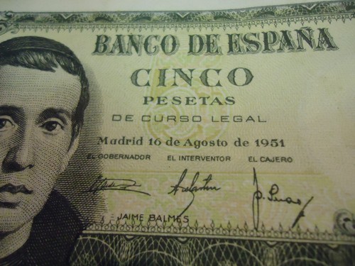 Billetes lote de 5 cinco pesetas Madrid 16/08/1951 numismática usado España. - Picture 13 of 13