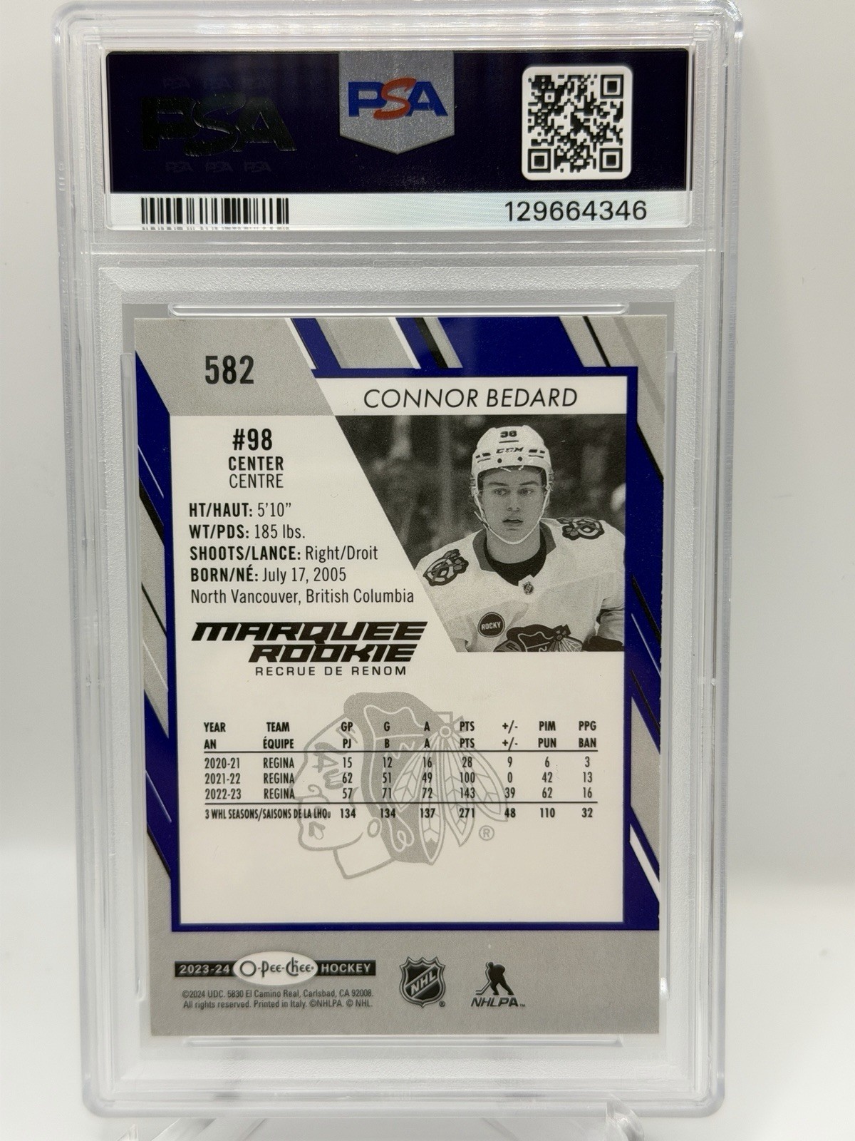 2023-24 O-Pee-Chee Marquee Rookie #582 Blue Connor Bedard RC - PSA 9 view 2
