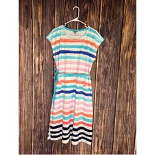 T by Talbots Womens Striped Summer Midi Dress Sz L Side Slit Belt Vibrant Colors