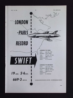 Original 1953 Reklame Vickers-Armstrongs Swift Flugzeug London Paris Record