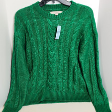 LOFT Green Cable-Knit Crewneck Pullover Sweater Long Sleeve Petites PM NWT