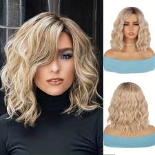 Blonde Gold Brown Short Natural Wavy Curly Blonde Wig Women's Synthetic Hair
