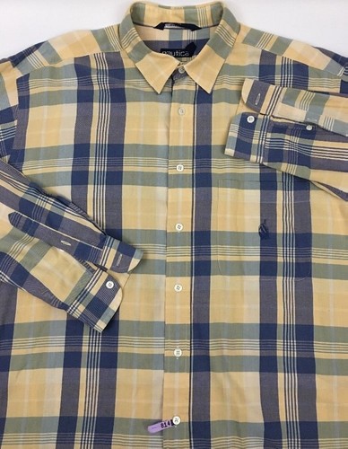 NAUTICA Mens Button Front Plaids Checks Long Sleeve Snap Blue Beige Shirt Sz XL - 第 1/10 張圖片