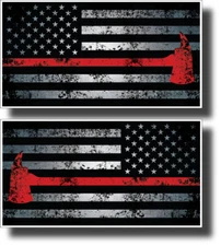2 Thin Red Line Firefighter Firemen Helmet Axe American Flag Vinyl Decal Sticker
