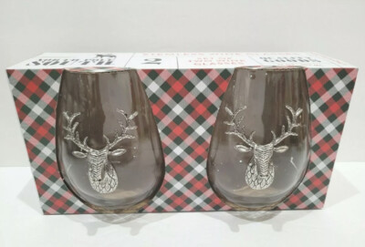 Christmas Reindeer Deer Stag Holiday Silver Medallion Wine Glasses Set of 2 New