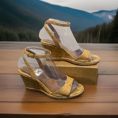 TORY BURCH Quilted Cork W/Gold Espadrille Wedge MARION Sandals Ankle Wrap  Sz M - Main Image