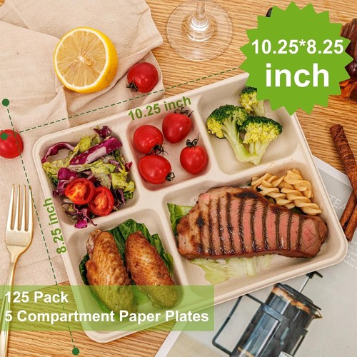 100% Compostable 5 Compartment Paper Plates, 125 Pack Heavy Duty Disposable Scho - Picture 15 of 24