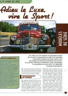 Publicité ancienne voiture 4 CV sport de 1952 issue de magazine 2007
