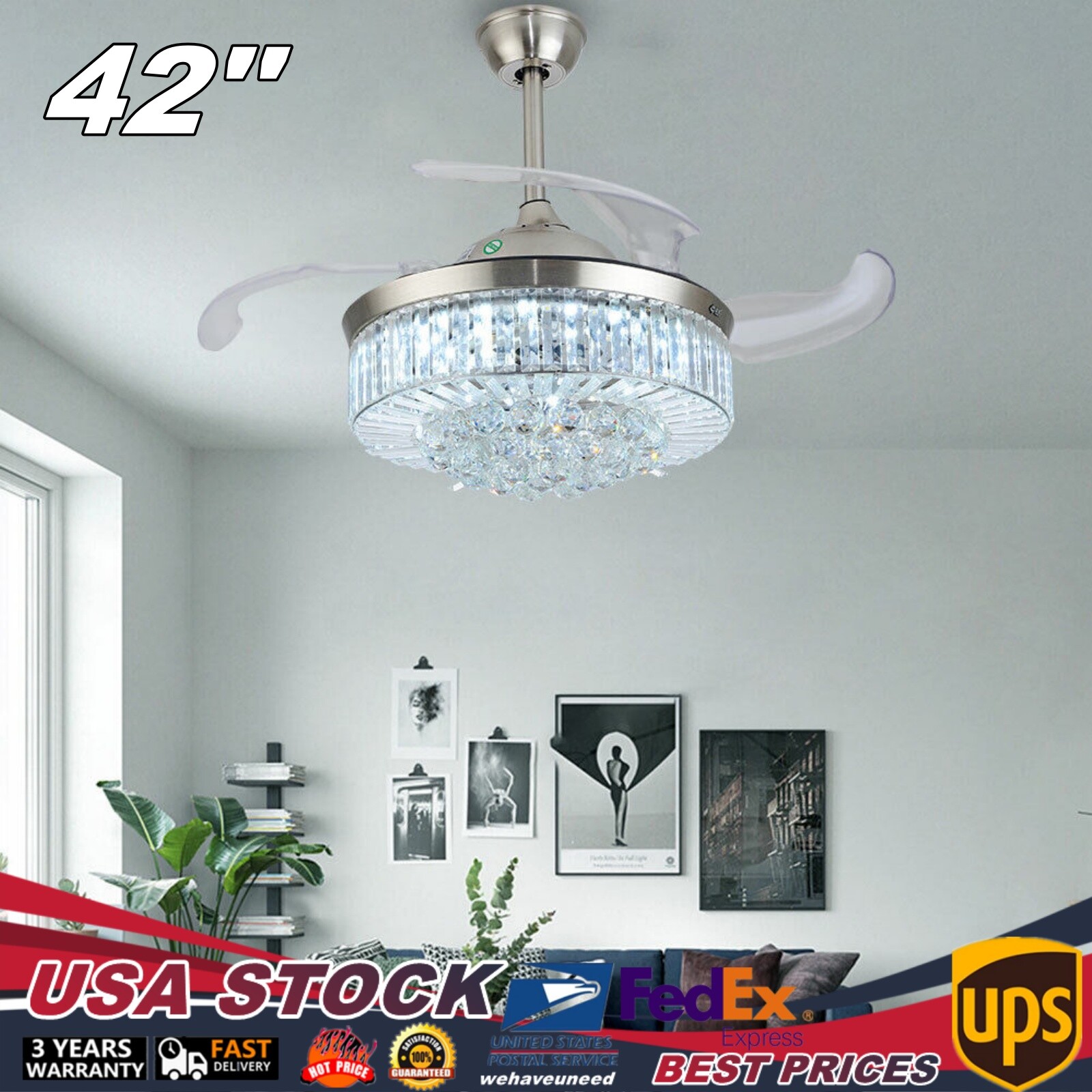 42-Inch Crystal Ceiling Fan with LED Lights and Remote Control - Invisible Blades Chandelier