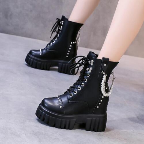 Womens Hidden Wedges Heel Rivet Strap Chain Back Zip New Shoes Biker Ankle Boots - Picture 1 of 13