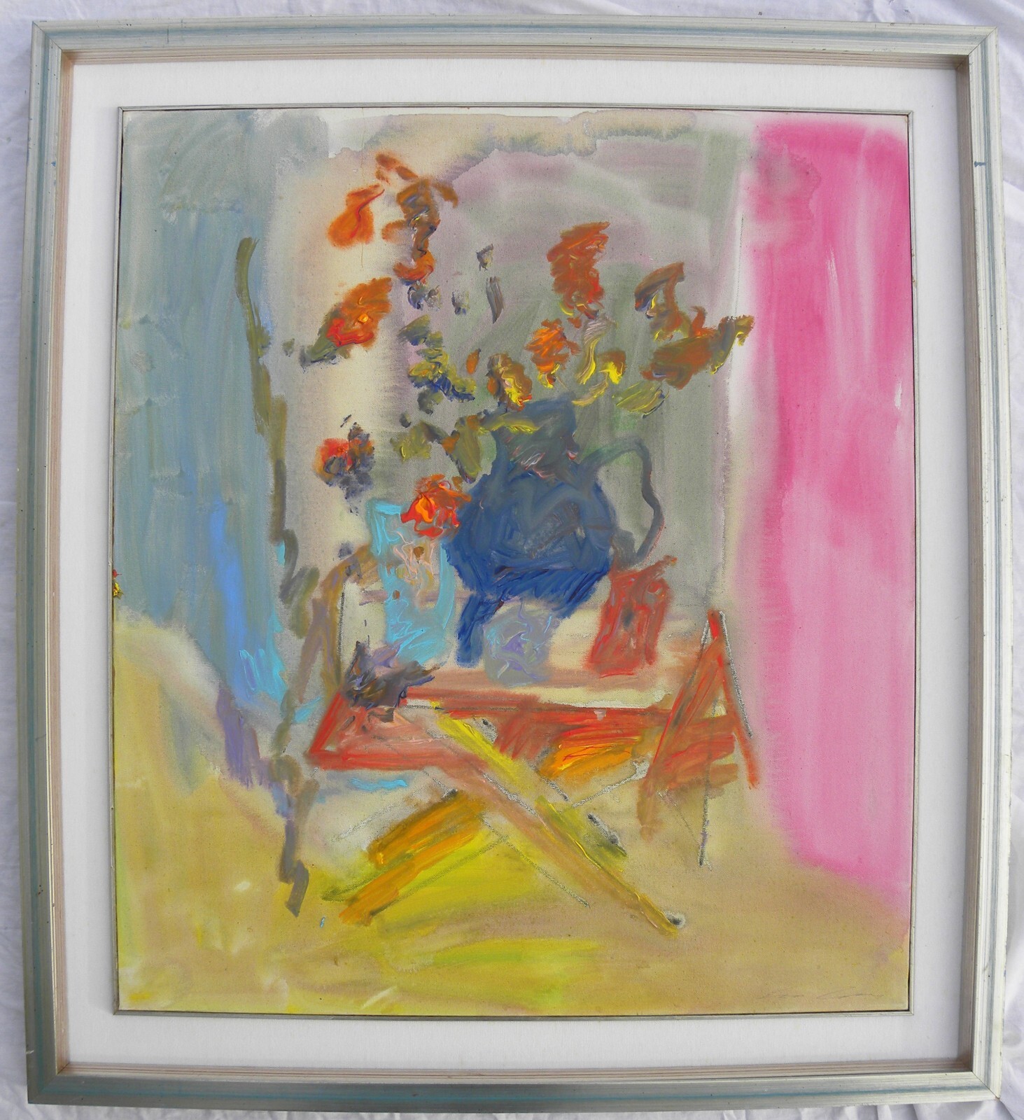 Ernesto TRECCANI (Milano 1920-2009) Fiori rosa e azzurri OLIO TELA cm 80x70 1994
