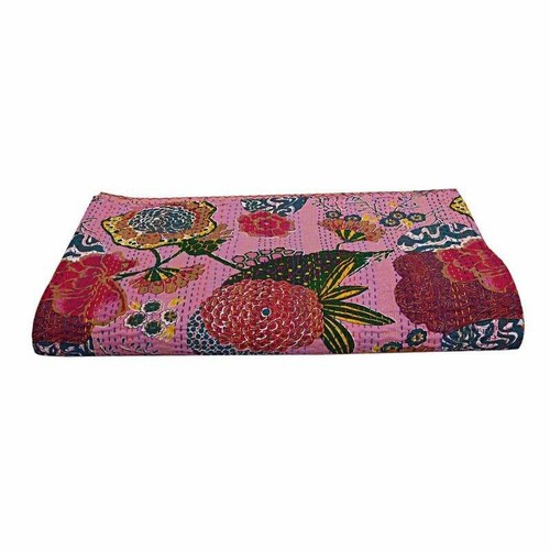 Handmade Kantha Throw Blanket Reversible Queen size Hippie Pink Cotton Kantha - Afbeelding 2 van 5