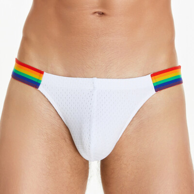 Seobean Men Rainbow Stripe Hip Lifting Underwear with Mesh Sexy Ice Silk Briefs