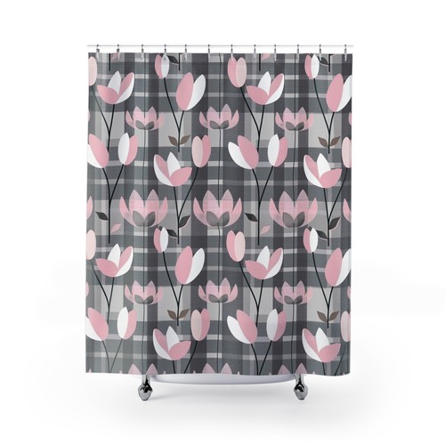 Cortina de Ducha Tela Escocesa Estampado Floral Gris y Rosa, Baño Decoración Regalo - Imagen 4 de 6